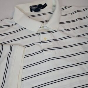 Vntg Ralph Lauren Polo Shirt Mens 2XL Blue White Stripe Short Sleeve White Pony‎
